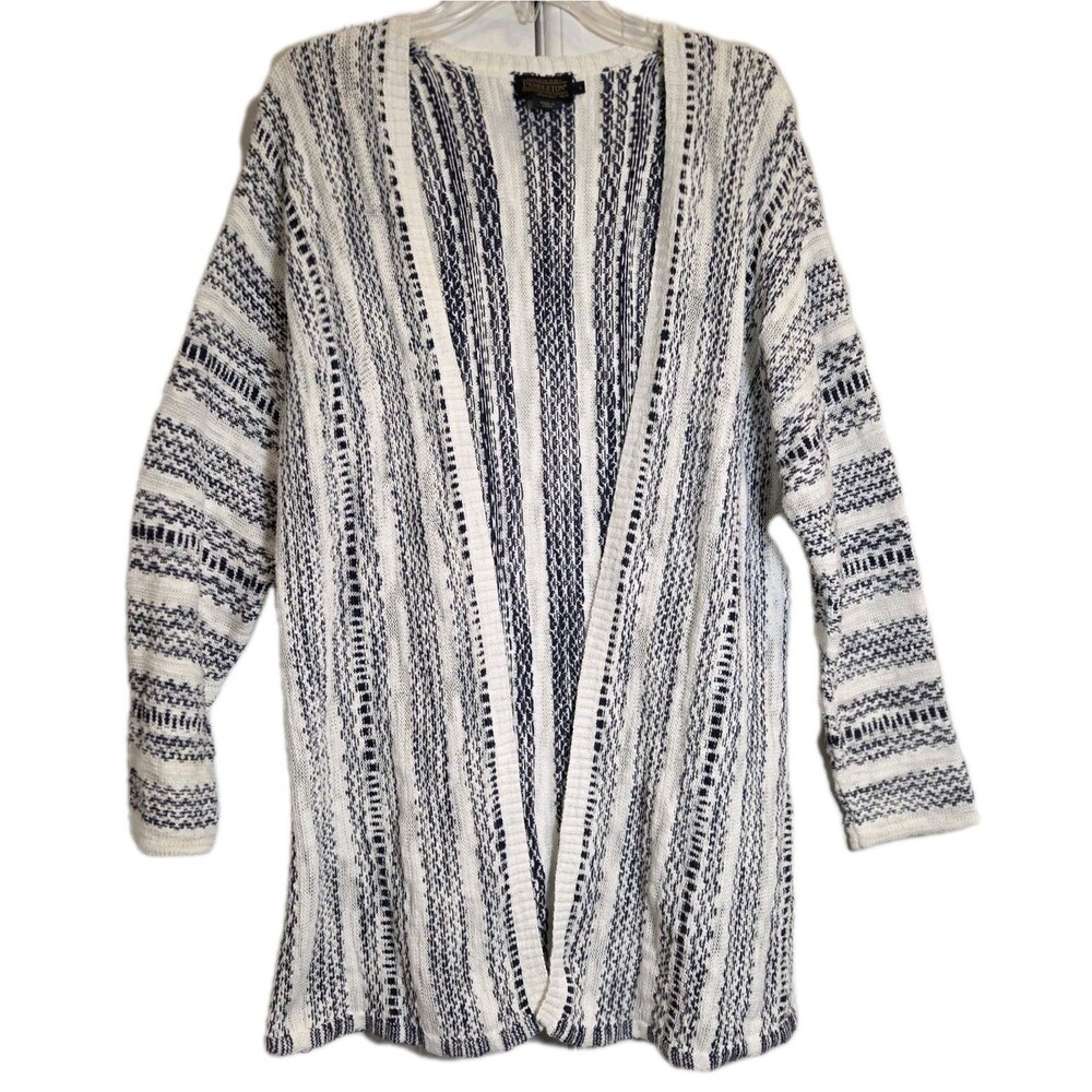 Pendleton Cotton Linen Open Front Cardigan Sweater Women's Sz L Navy White Knit